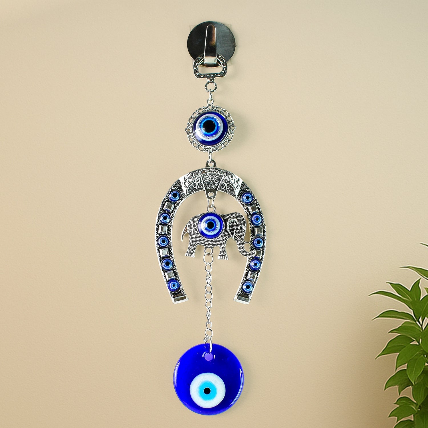 Decorative Evil Eye Hanging with Elephant and Horseshoe Motif, Wind Chime (1 Pc) Decorative Evil Eye Hanging with Elephant and Horseshoe Motif, Wind Chime (1 Pc)